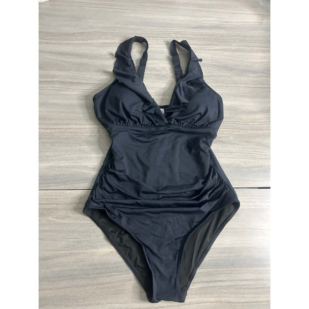 Women’s Black V Neck Ruffles One Piece Swimsuit Size Large
